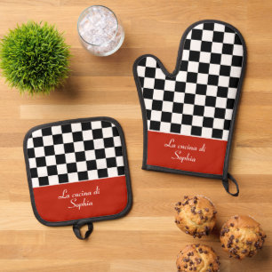 Chequerboard Italian Kitchen Chef with Name Oven Mitt & Pot Holder Set