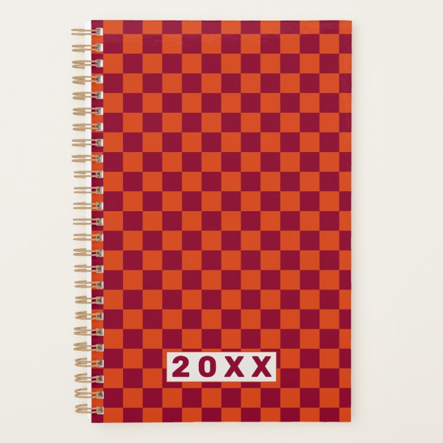 Chequerboard Orange Burgundy Retro Pattern Planner (Front)