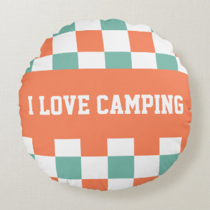 Chequerboard Pattern I Love Camping Round Cushion