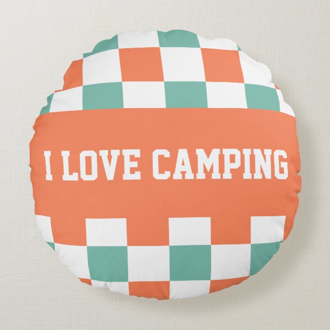 Chequerboard Pattern I Love Camping Round Cushion (Front)