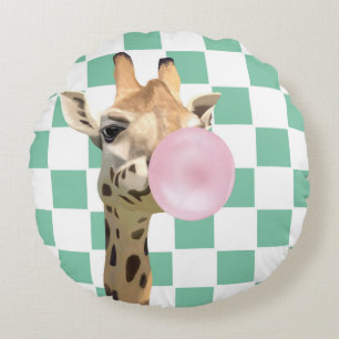 Chequerboard Pink Bubblegum Blowing Giraffe  Round Cushion