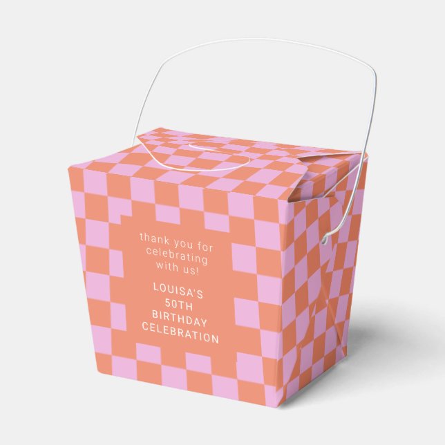 Chequerboard Pink Orange Custom Birthday Thank You Favour Box (Front Side)