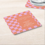 Chequerboard Pink Orange Custom Birthday Thank You Square Paper Coaster<br><div class="desc">Cute Fun Modern Chequerboard Geometric Birthday Party Custom Name Thank You Square Paper Coaster in Pink and Orange</div>