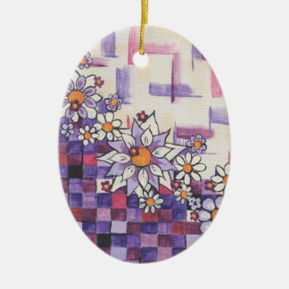 Chequerboard Purple Daisy Spray Ceramic Tree Decoration