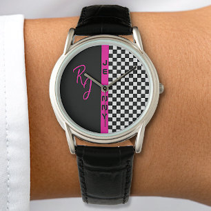 Chequerboard Racing Flag Pink Line Custom Name Watch