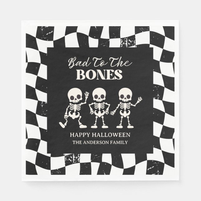 Chequerboard Retro Bad To The Bones Halloween Napkin (Front)