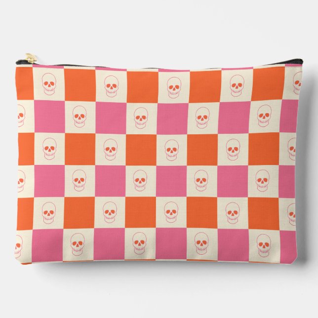 Chequerboard Skulls in Pink, Orange, & Cream Accessory Pouch (Front)