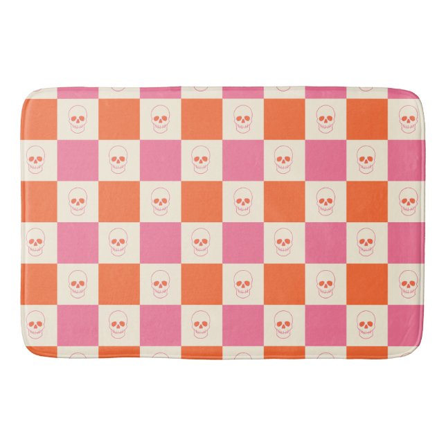 Chequerboard Skulls in Pink, Orange, & Cream Bath Mat (Front)
