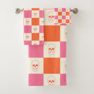 Chequerboard Skulls in Pink, Orange, & Cream Bath Towel Set