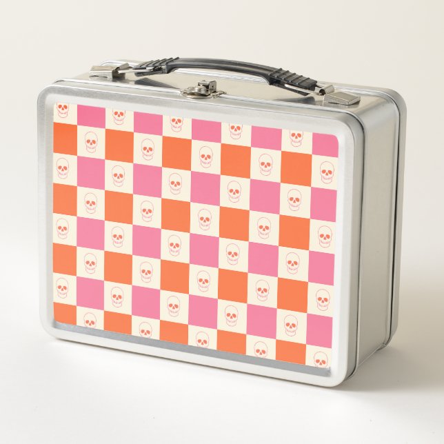 Chequerboard Skulls in Pink, Orange, & Cream Metal Lunch Box (Front)