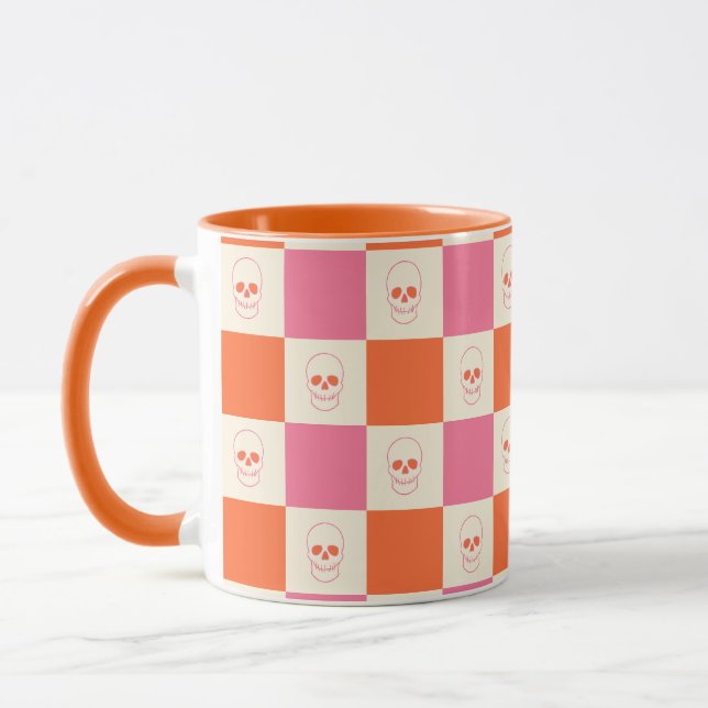 Chequerboard Skulls in Pink, Orange, & Cream Mug (Left)