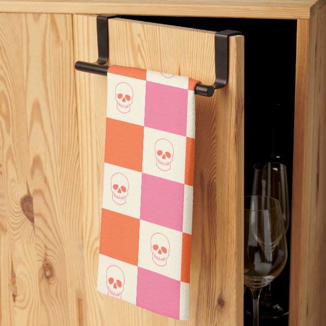 Chequerboard Skulls in Pink, Orange, & Cream Tea Towel (Thirds Fold)