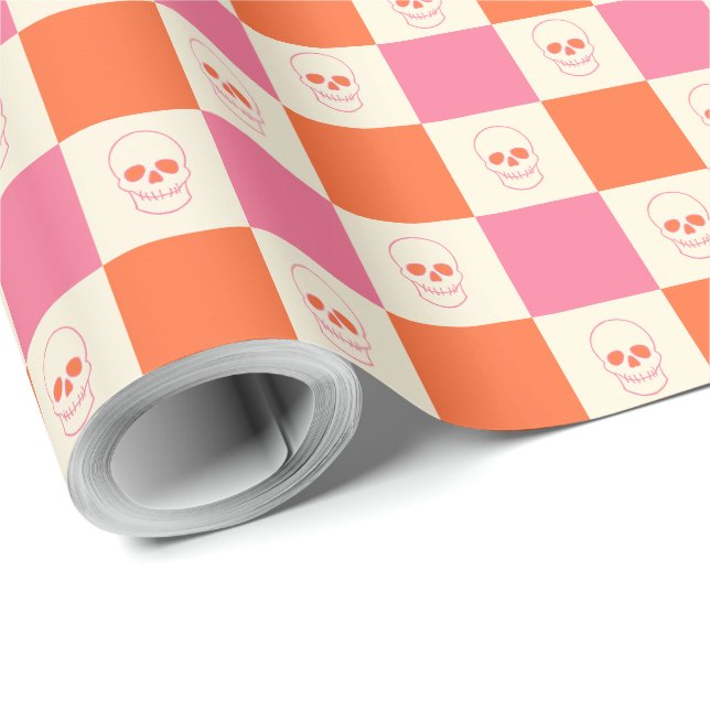 Chequerboard Skulls in Pink, Orange, & Cream Wrapping Paper (Roll Corner)