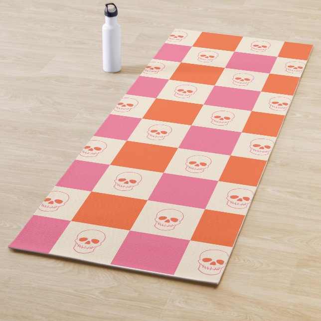 Chequerboard Skulls in Pink, Orange, & Cream Yoga Mat (In Situ)