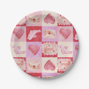 chequerboard valentine plaid red pink cream preppy paper plate