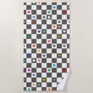 Chequerboard with Colourful Hearts and Initials Beach Towel