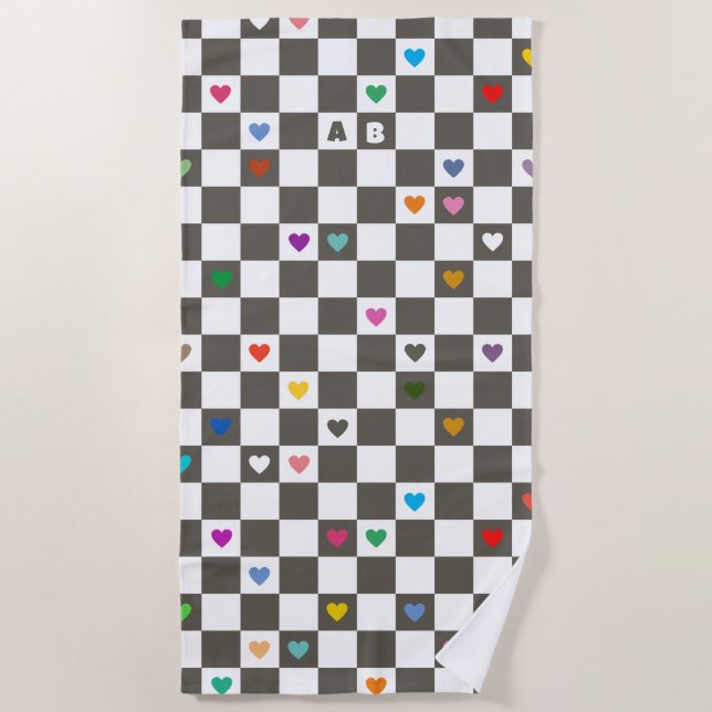 Chequerboard with Colourful Hearts and Initials Beach Towel (Front)