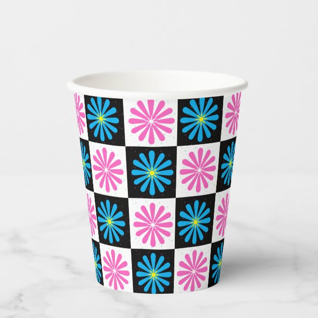 Chequered Aster Pink Blue Floral Abstract  Paper Cups (Front)