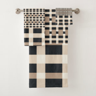 Chequered Beige Brown Bath Towel Set