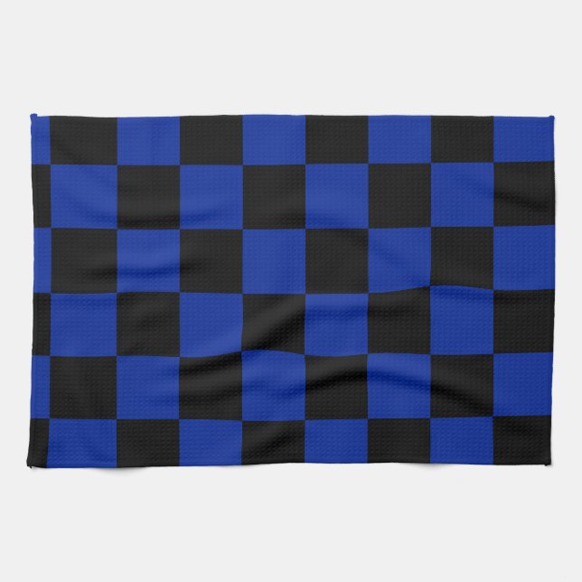 Chequered - Black and Imperial Blue Tea Towel (Horizontal)