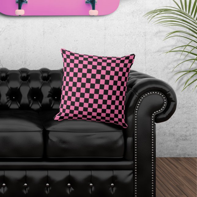 Chequered Black and Pink Throw Pillow (Creator Uploaded)
