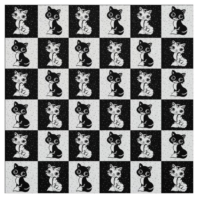 Chequered Black And White Cat Fabric (Swatch)