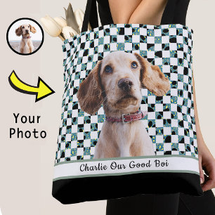 Chequered Black and White Dog Photo to Mum Grandma Tote Bag