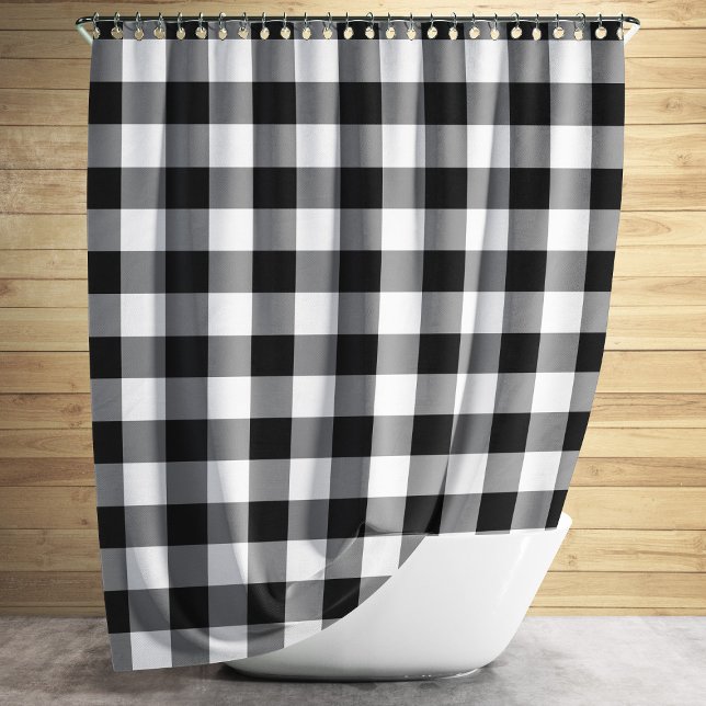 Chequered Black And White Gingham Pattern Shower Curtain (Classic Black And White Plaid Gingham Shower Curtain)