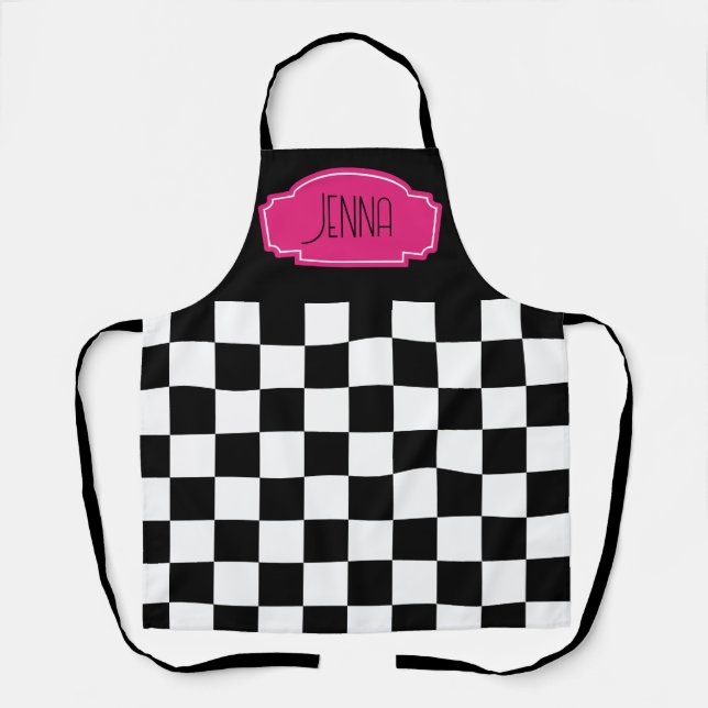 Chequered black and white hot pink label apron (Front)