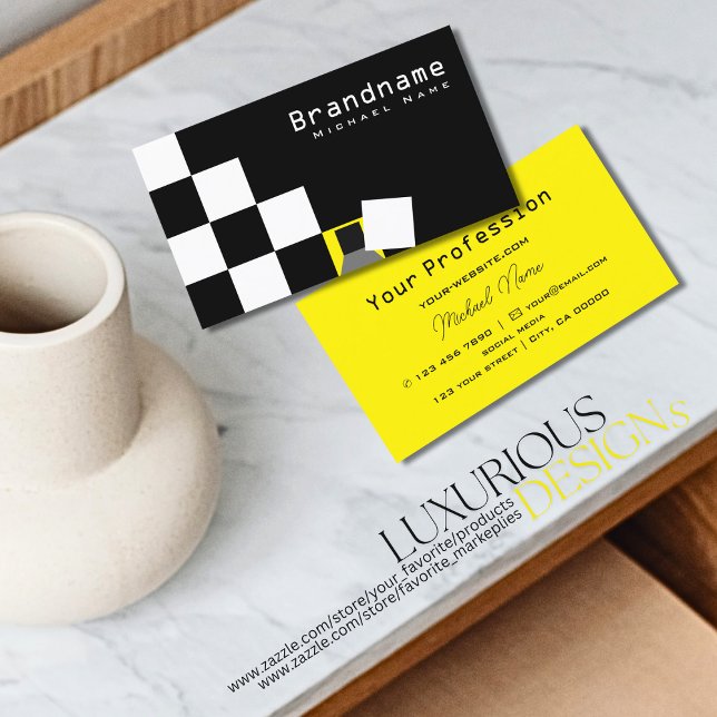 Chequered Black and White Modern Yellow Very Cool Business Card (Creator Uploaded)