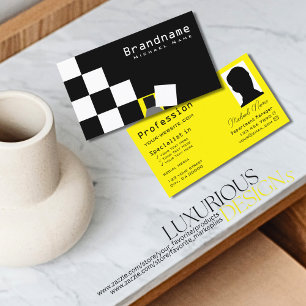 Chequered Black and White Modern Yellow with Photo Business Card