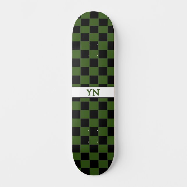 Chequered Black & Dark Green Custom Name Initials Skateboard (Front)