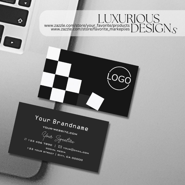 Chequered Black Dark Grey Modern with Logo Stylish Business Card (Creator Uploaded)