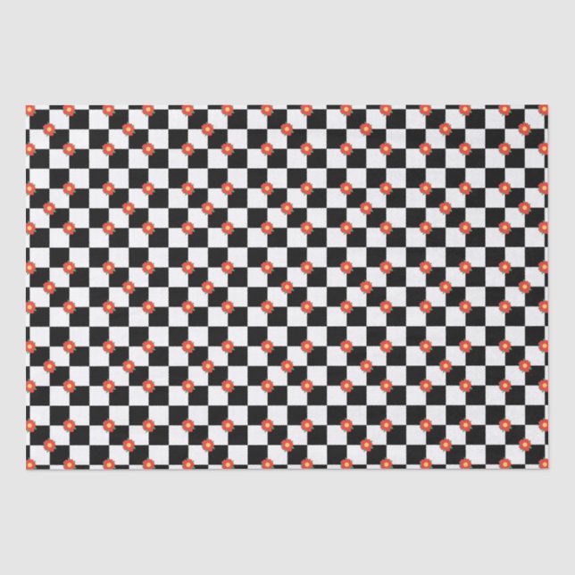 Chequered black red flowers tissue paper (Front)