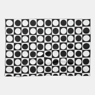 Chequered Black White Circles Pattern Design Tea Towel