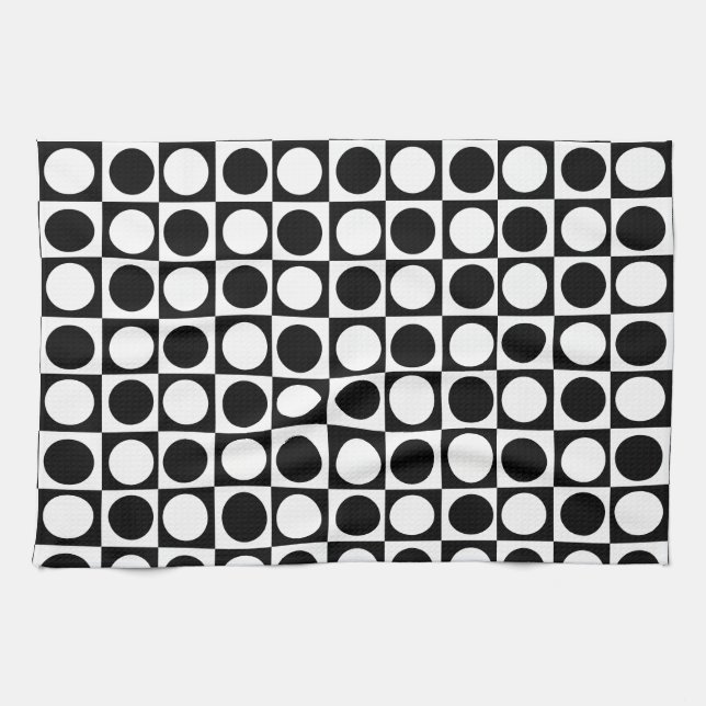 Chequered Black White Circles Pattern Design  Tea Towel (Horizontal)