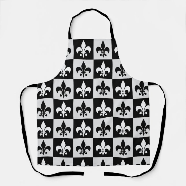 Chequered Black White Fleur-De-Lis Pattern  Apron (Front)