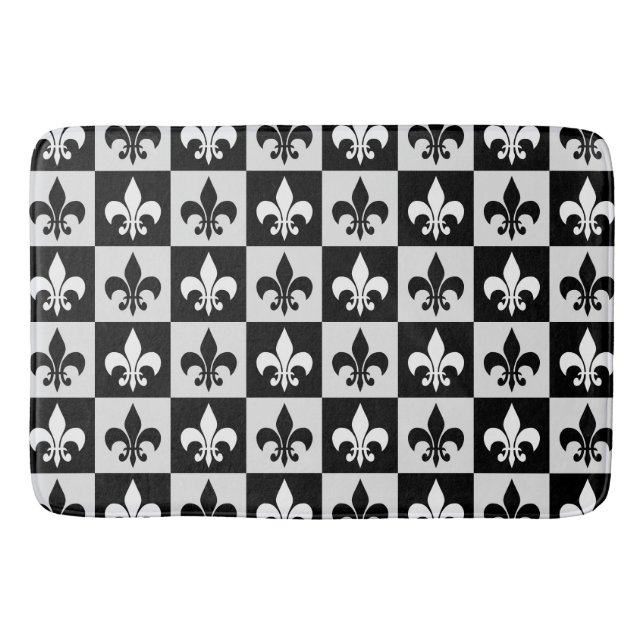 Chequered Black White Fleur-De-Lis Pattern  Bath Mat (Front)
