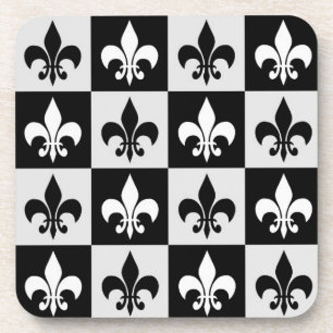 Chequered Black White Fleur-De-Lis Pattern Coaster