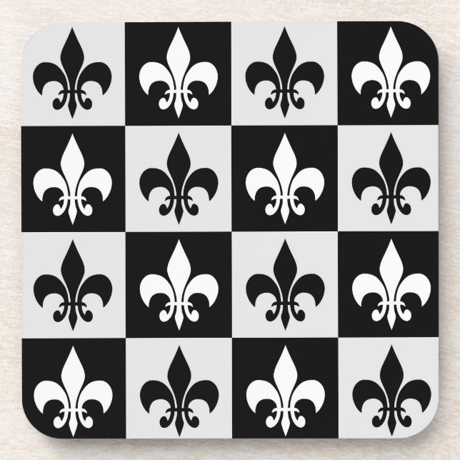 Chequered Black White Fleur-De-Lis Pattern  Coaster (Front)