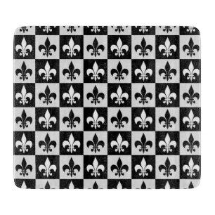 Chequered Black White Fleur-De-Lis Pattern Cutting Board