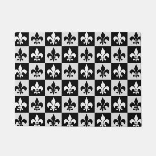 Chequered Black White Fleur-De-Lis Pattern  Doormat