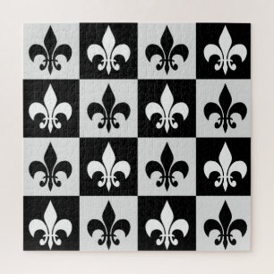 Chequered Black White Fleur-De-Lis Pattern Jigsaw Puzzle