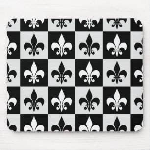 Chequered Black White Fleur-De-Lis Pattern Mouse Pad
