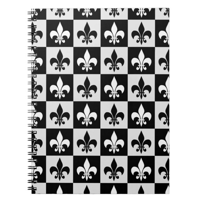 Chequered Black White Fleur-De-Lis Pattern  Notebook (Front)