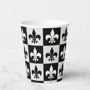 Chequered Black White Fleur-De-Lis Pattern  Paper Cups