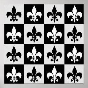 Chequered Black White Fleur-De-Lis Pattern  Poster