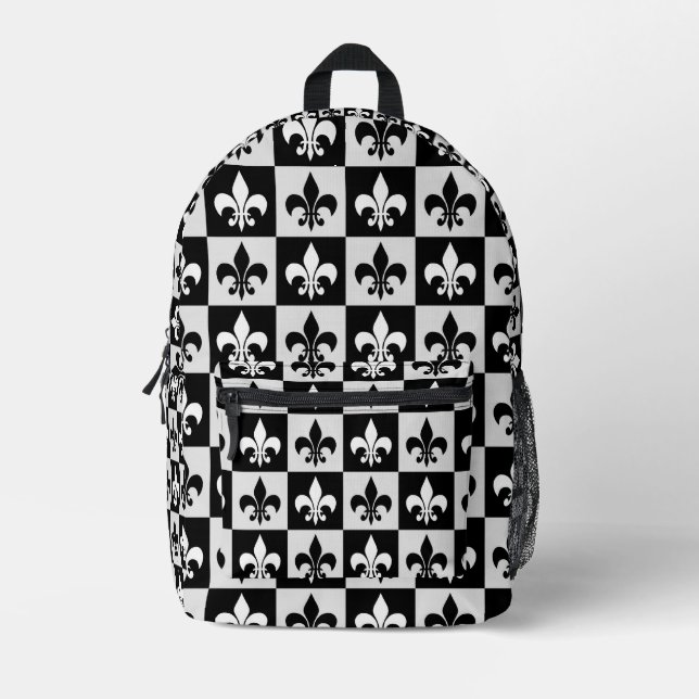 Chequered Black White Fleur-De-Lis Pattern  Printed Backpack (Front)