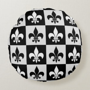 Chequered Black White Fleur-De-Lis Pattern  Round Cushion