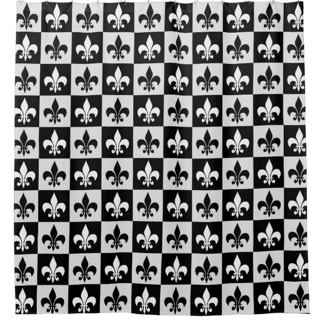 Chequered Black White Fleur-De-Lis Pattern  Shower Curtain (Front)